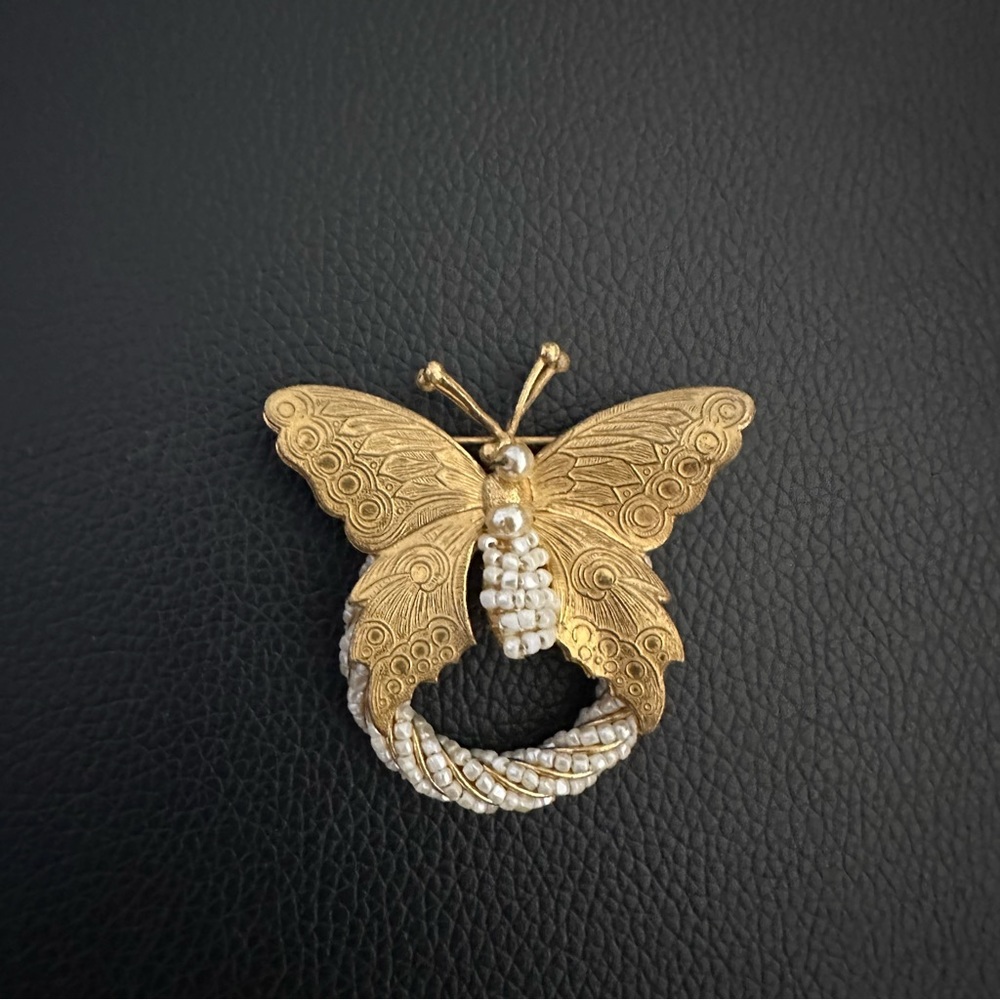 Vintage Miriam Haskell Signed Butterfly Brooch | Textured Gold Seed Pearl Pin